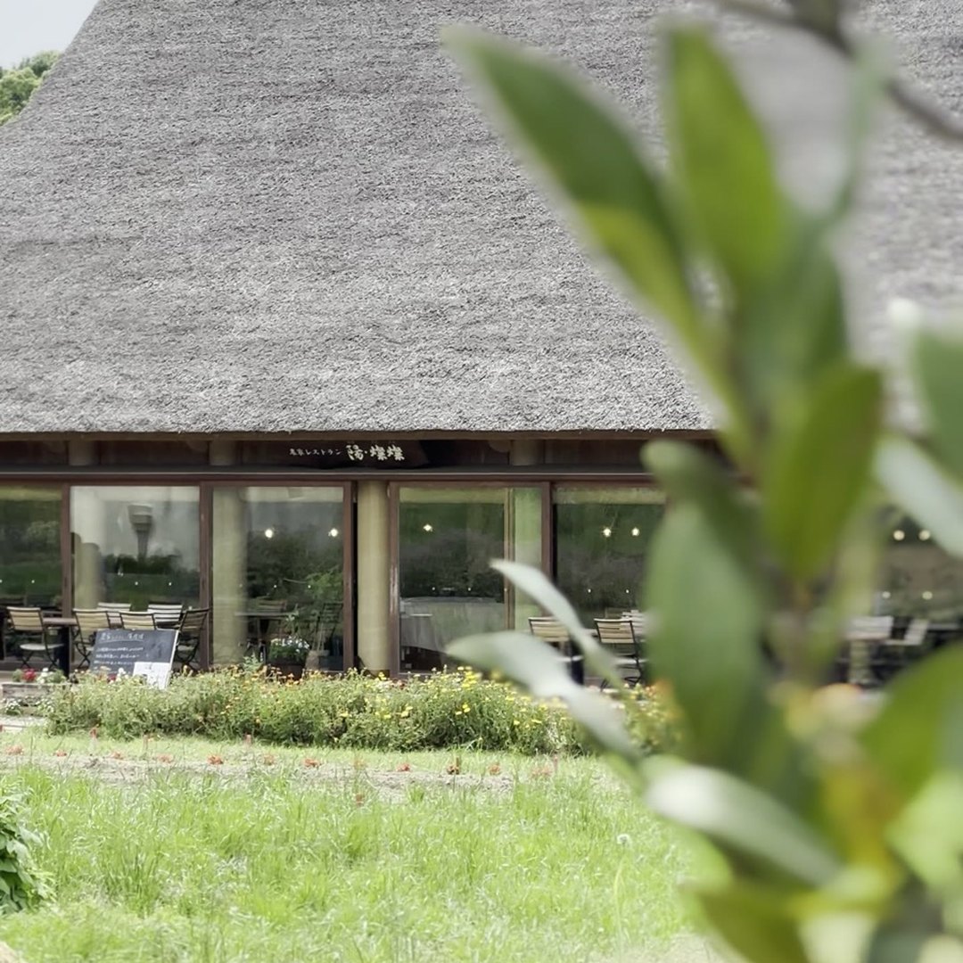 陽・燦々 外観 新緑越しの茅葺き 淡路島 初夏