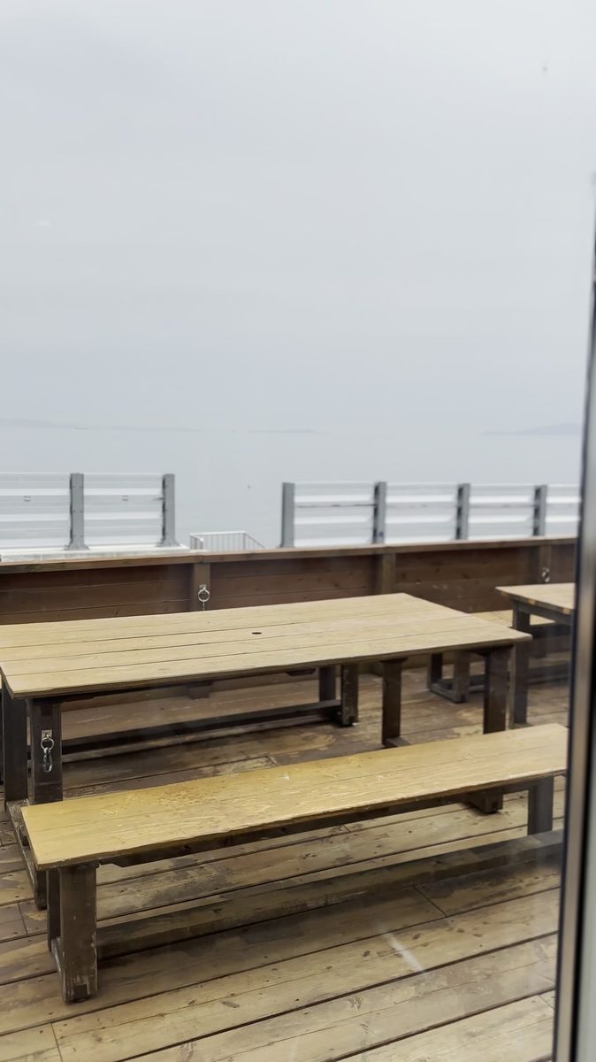 しらす テラス席のベンチと海