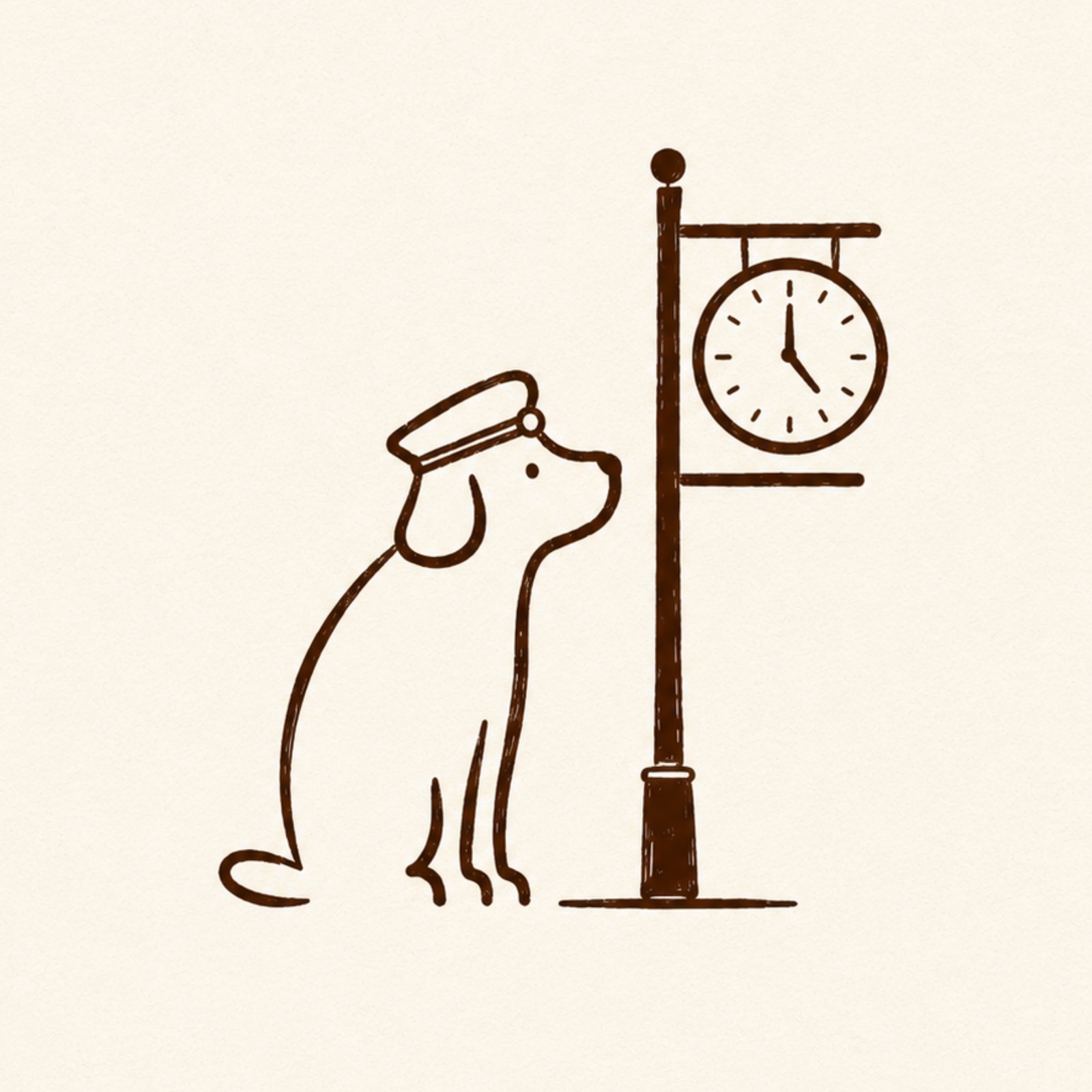 DOG STATION ロゴ:駅長帽をかぶった犬が駅の時計を見上げている